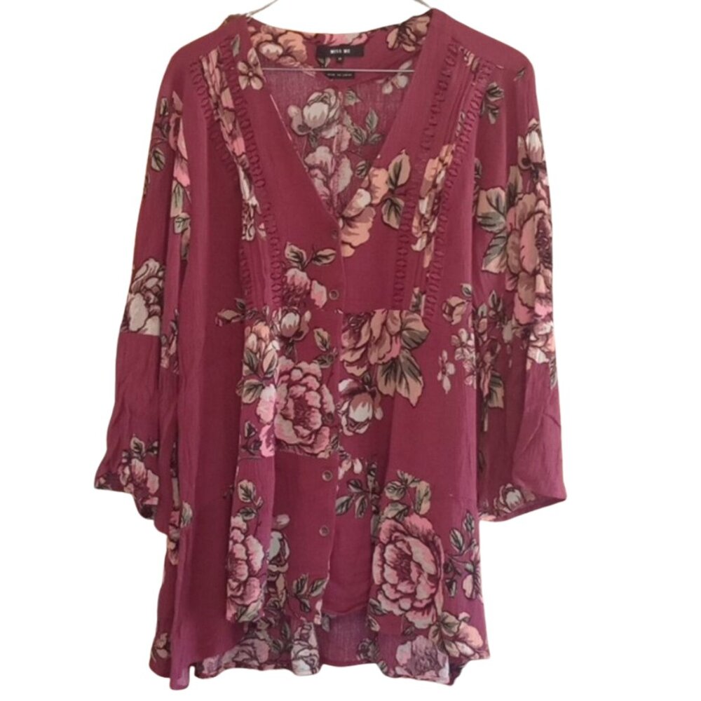 Women's Medium Maroon Miss Me Floral Bell Sleeves V-Neck Tunic Blouse